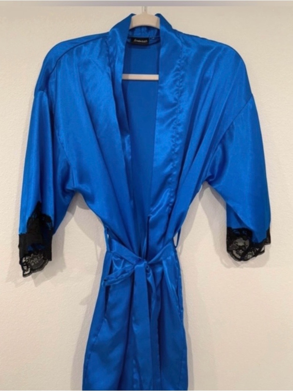 Frederick’s Of Hollywood Satin Royal Blue with Black Lace Trim Short Robe Kimono